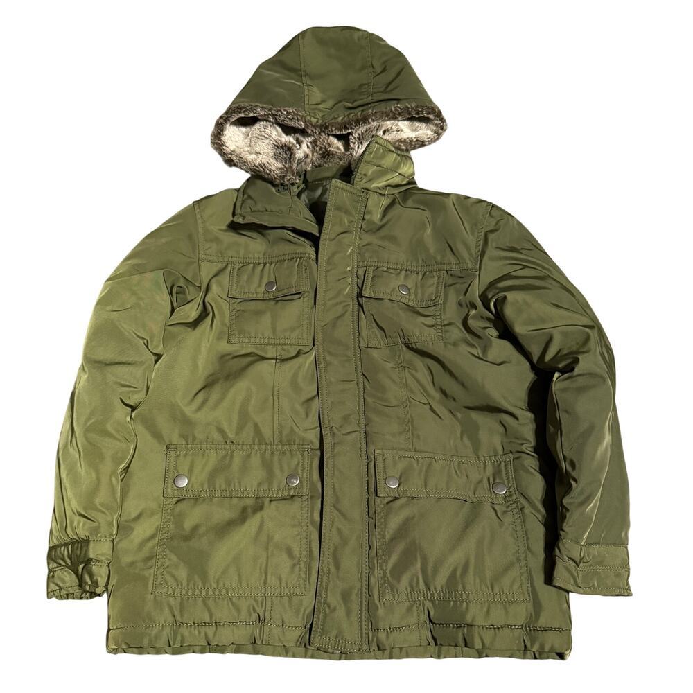 Gap Kids Size Large Puffer Winter Coat‎ Army Olive Green Fur Hood Full Zip Snow